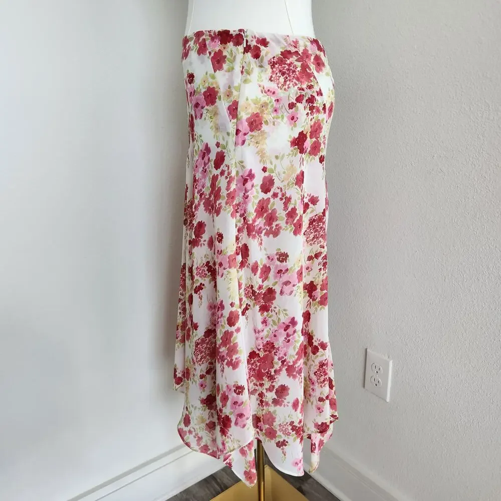 Vintage Y2K White Pink Floral Fairycore Midi Skirt Mid Rise Emma James 14
